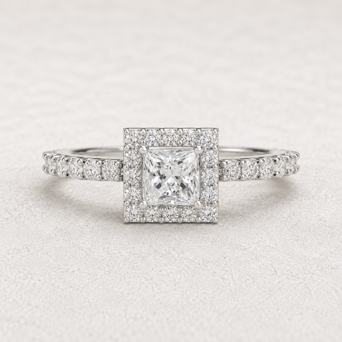 Princess Cut Halo Engagement Ring with Pavé Band - Lab Grown Diamond And Moissanite