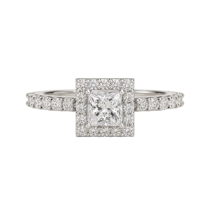 Princess Cut Halo Engagement Ring with Pavé Band - Lab Grown Diamond And Moissanite