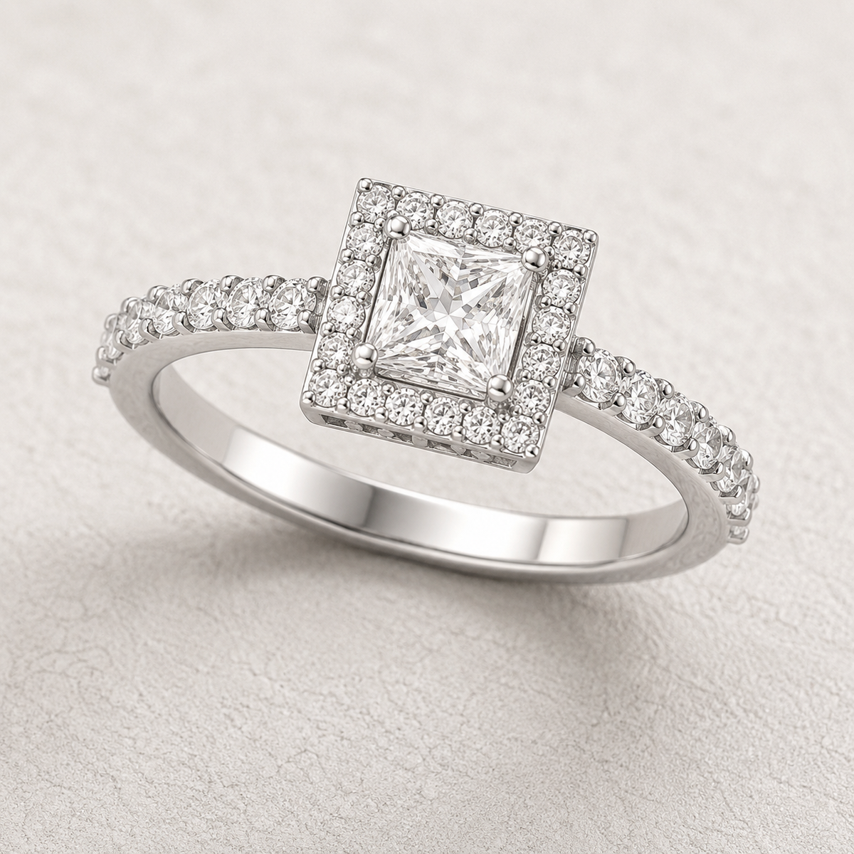 Princess Cut Halo Engagement Ring with Pavé Band - Lab Grown Diamond And Moissanite