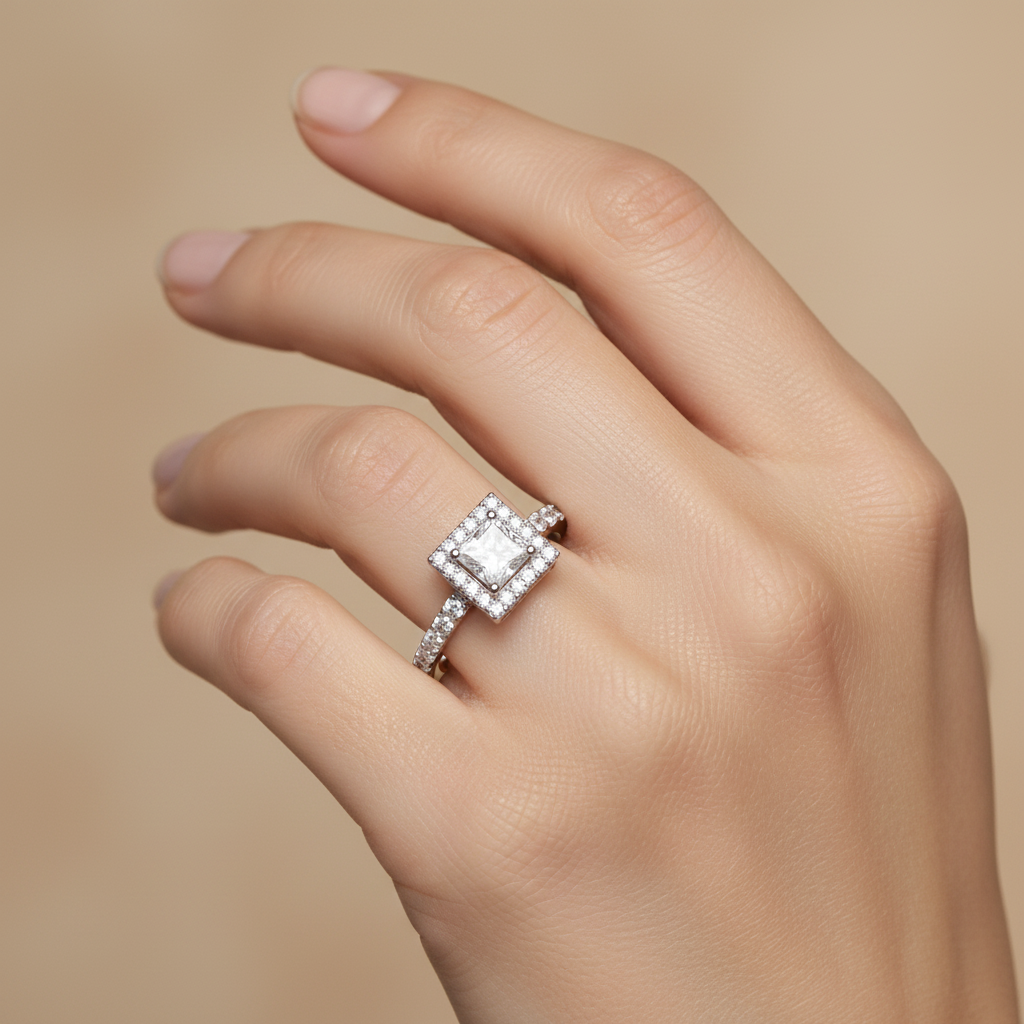 Princess Cut Halo Engagement Ring with Pavé Band - Lab Grown Diamond And Moissanite