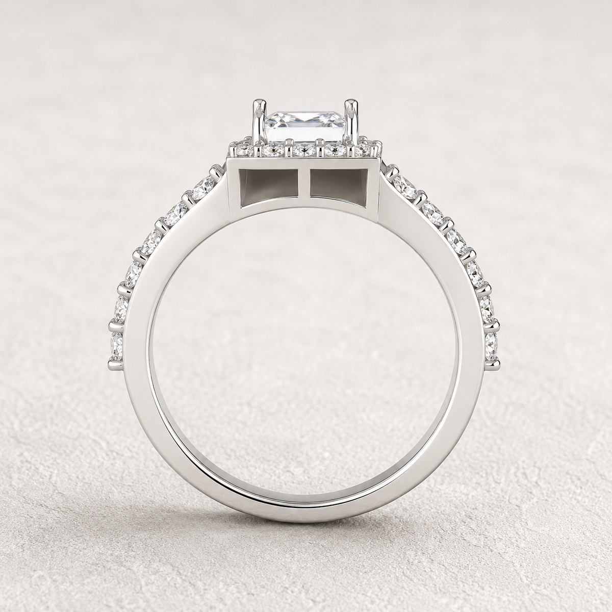 Princess Cut Halo Engagement Ring with Pavé Band - Lab Grown Diamond And Moissanite