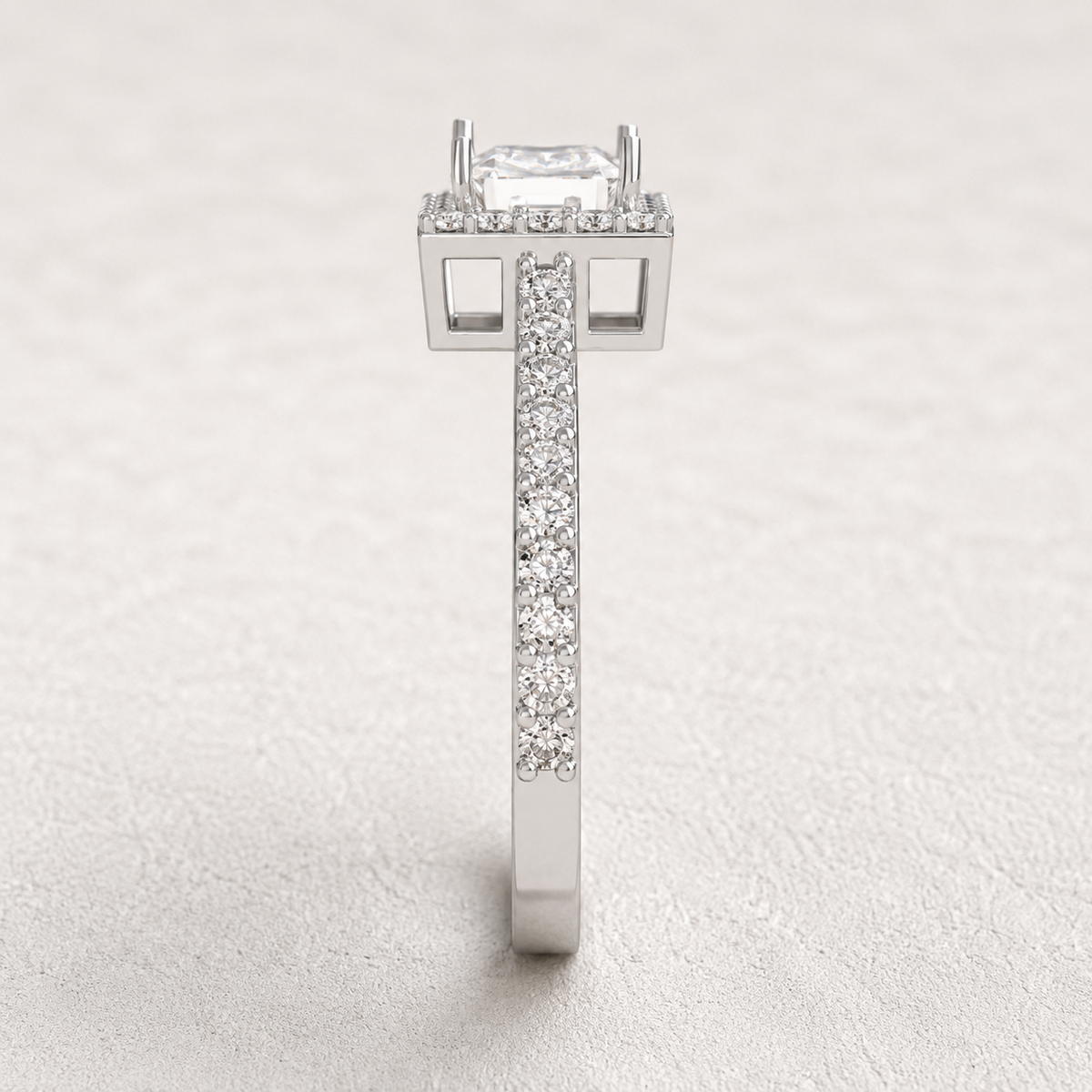 Princess Cut Halo Engagement Ring with Pavé Band - Lab Grown Diamond And Moissanite