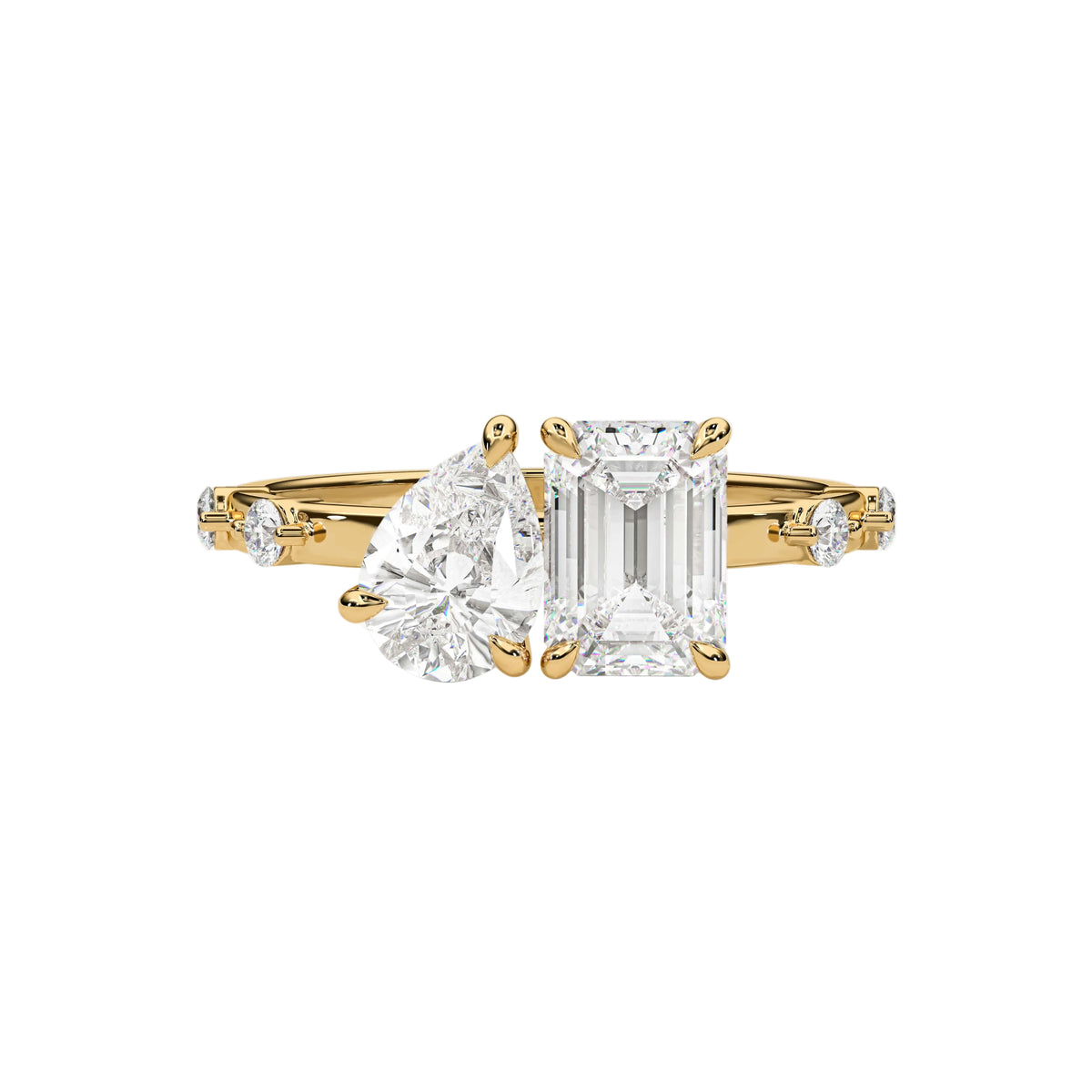Pear And Emerald Toi et Moi Ring with Station Pave Diamonds