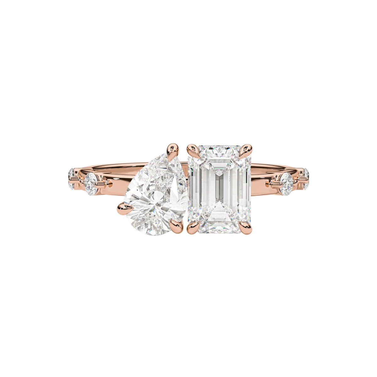 Pear And Emerald Toi et Moi Ring with Station Pave Diamonds