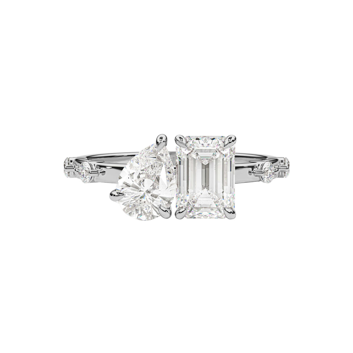 Pear And Emerald Toi et Moi Ring with Station Pave Diamonds