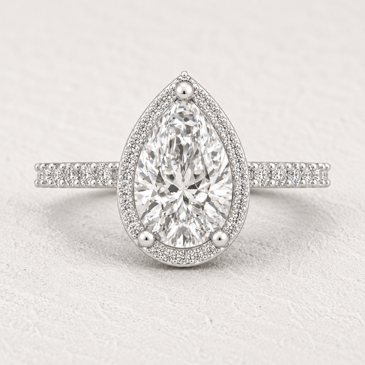Pear Cut Lab Grown Diamond & Moissanite Halo Engagement Ring with Pavé Band
