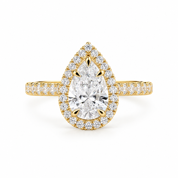 Pear Cut Lab Grown Diamond & Moissanite Halo Engagement Ring with Pavé Band