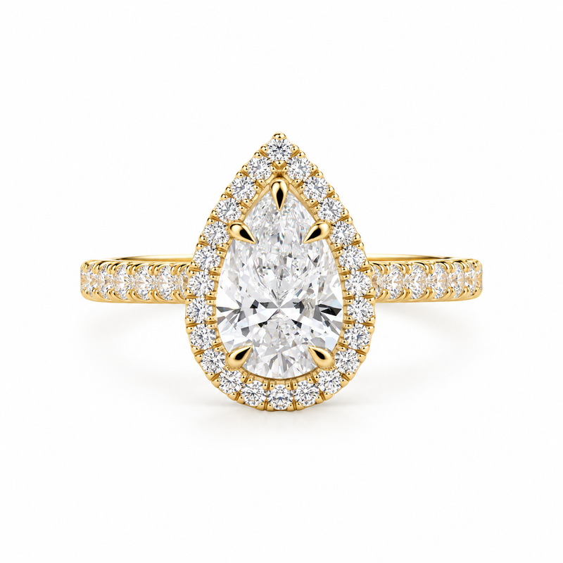 Pear Cut Lab Grown Diamond & Moissanite Halo Engagement Ring with Pavé Band