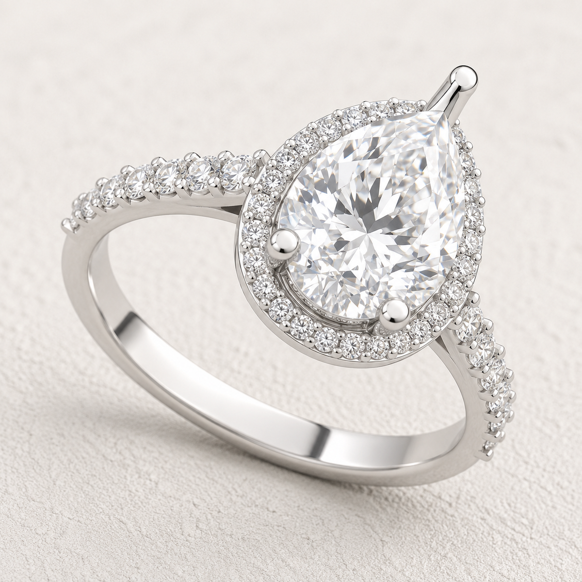 Pear Cut Lab Grown Diamond & Moissanite Halo Engagement Ring with Pavé Band