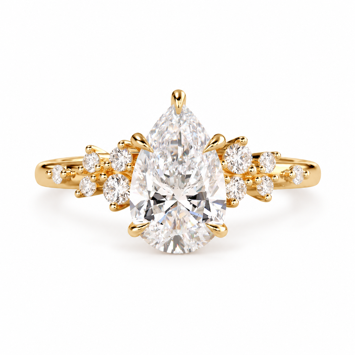 pear lab grown diamond engagement ring in gold, three-quarter view