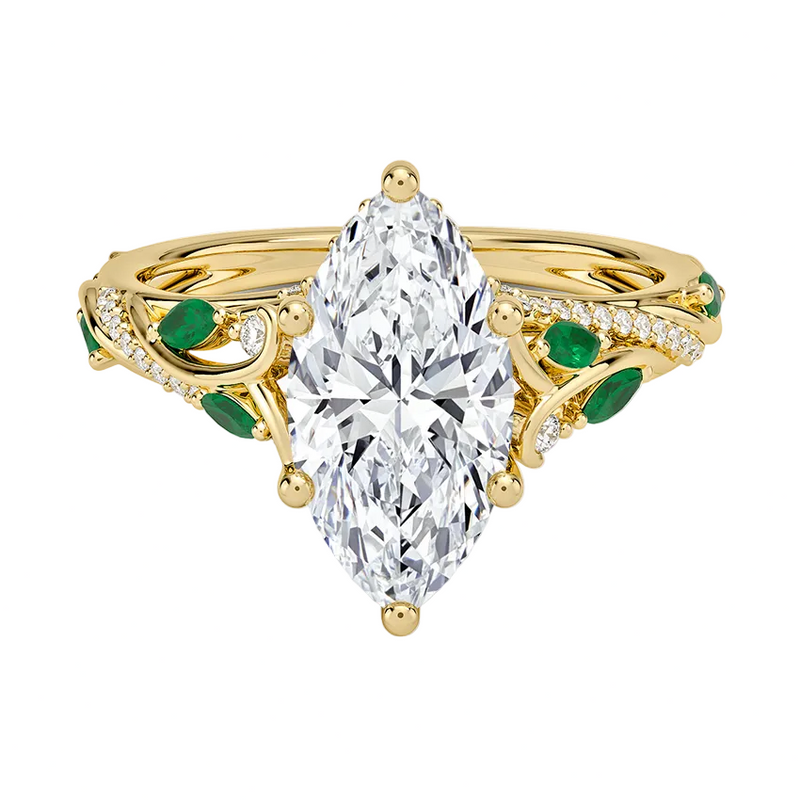Begonia Vine Marquise Cut Diamond and Lab Emerald Ring