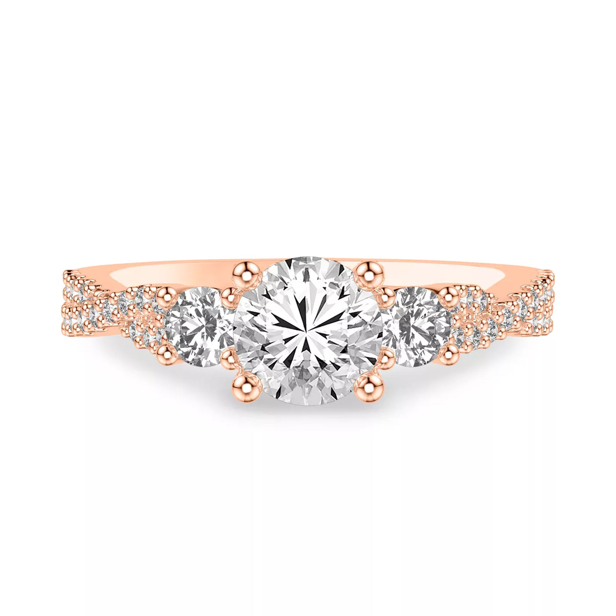 round lab grown diamond engagement ring in silver, three-quarter view