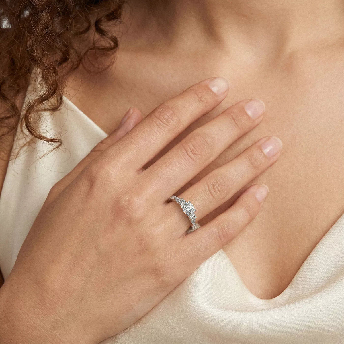 Round Cut Three Stone Engagement Ring with Round Pavé Band-Lab Grown Diamond & Moissanite