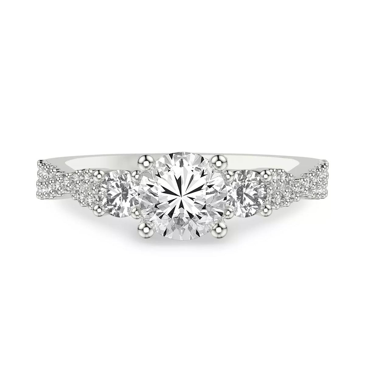 Round Cut Three Stone Engagement Ring with Round Pavé Band-Lab Grown Diamond & Moissanite
