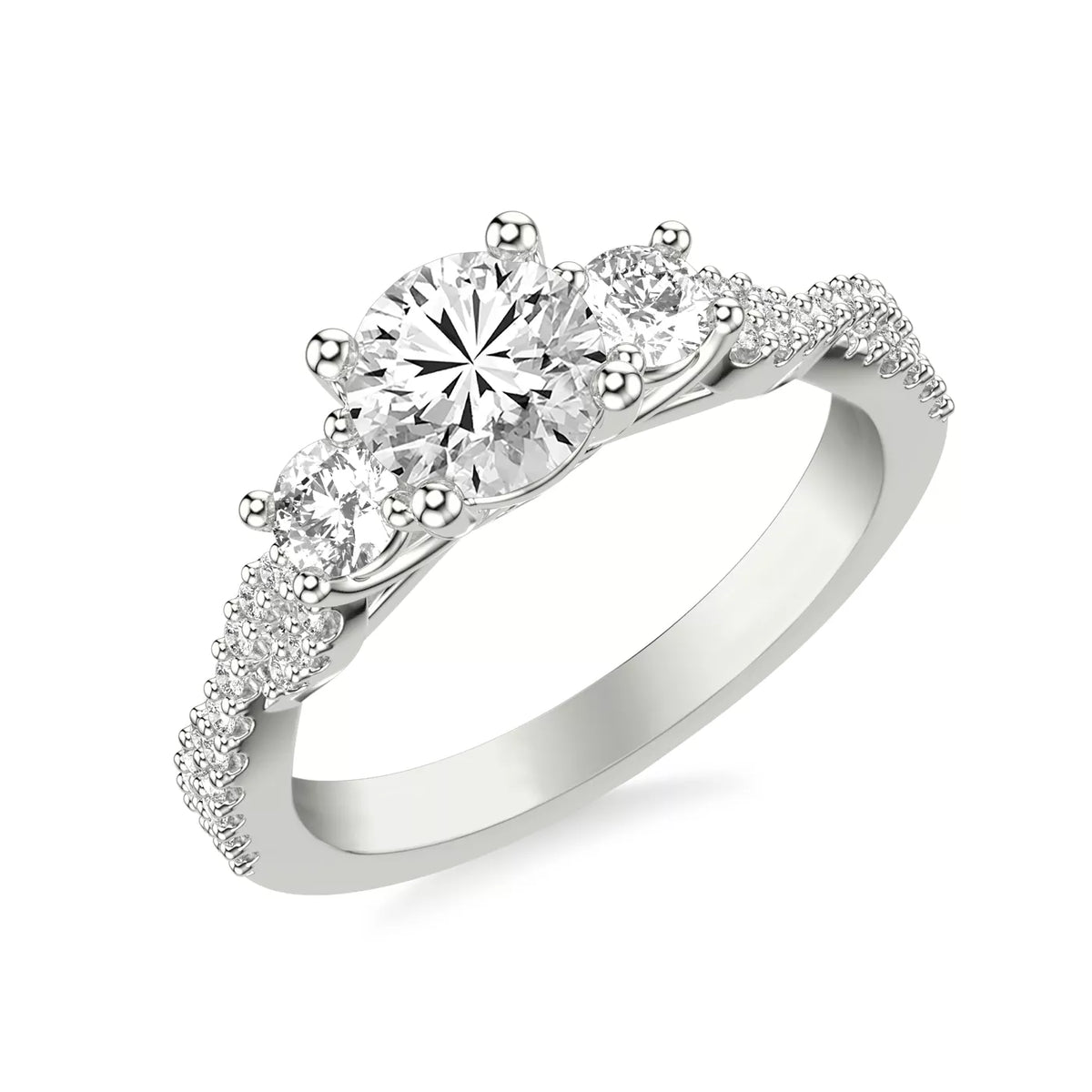 Round Cut Three Stone Engagement Ring with Round Pavé Band-Lab Grown Diamond & Moissanite