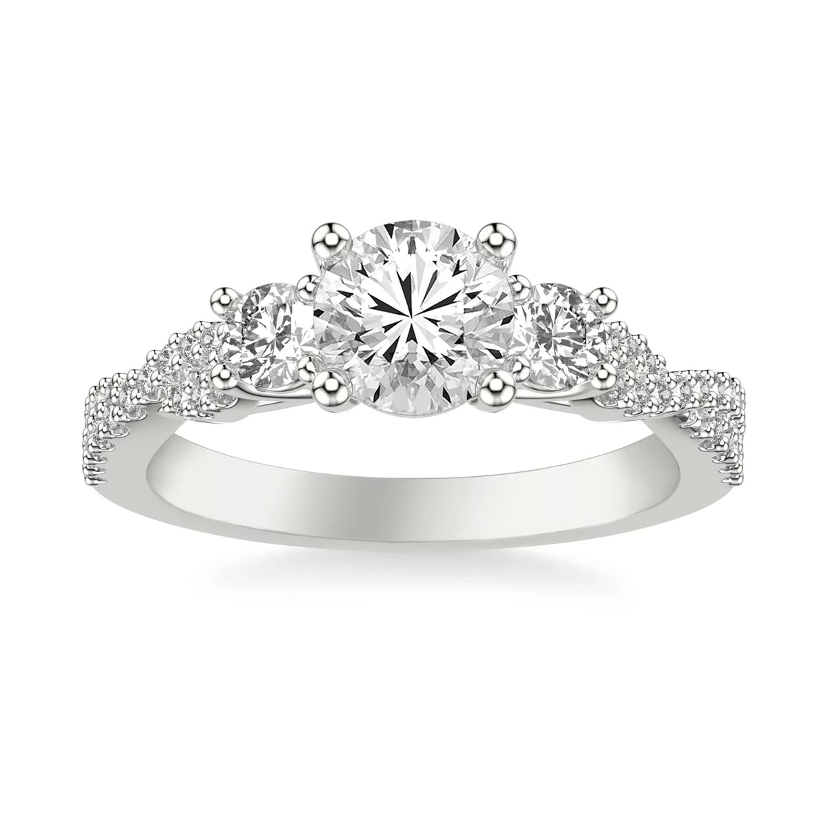 Round Cut Three Stone Engagement Ring with Round Pavé Band-Lab Grown Diamond & Moissanite