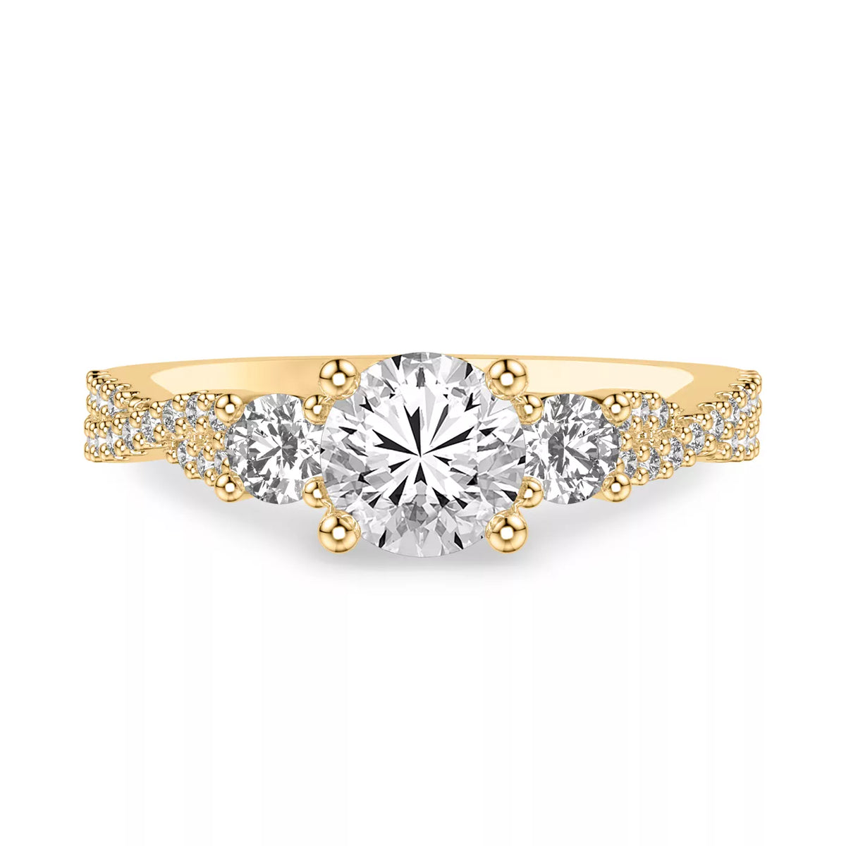Round Cut Three Stone Engagement Ring with Round Pavé Band-Lab Grown Diamond & Moissanite
