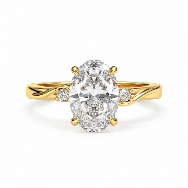 oval lab grown diamond engagement ring in gold, three-quarter view