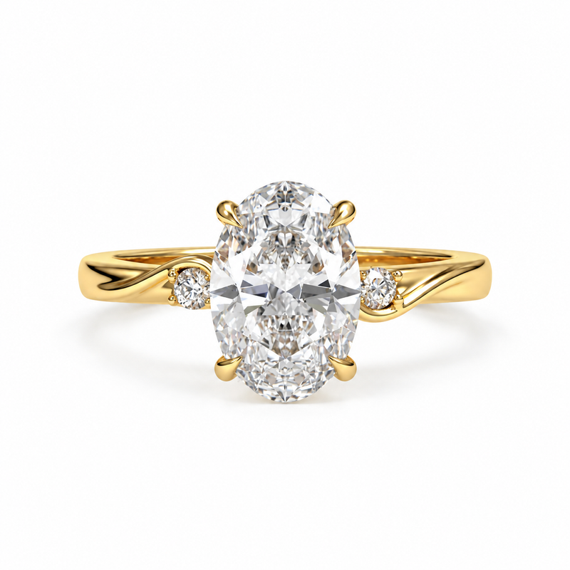oval lab grown diamond engagement ring in gold, three-quarter view