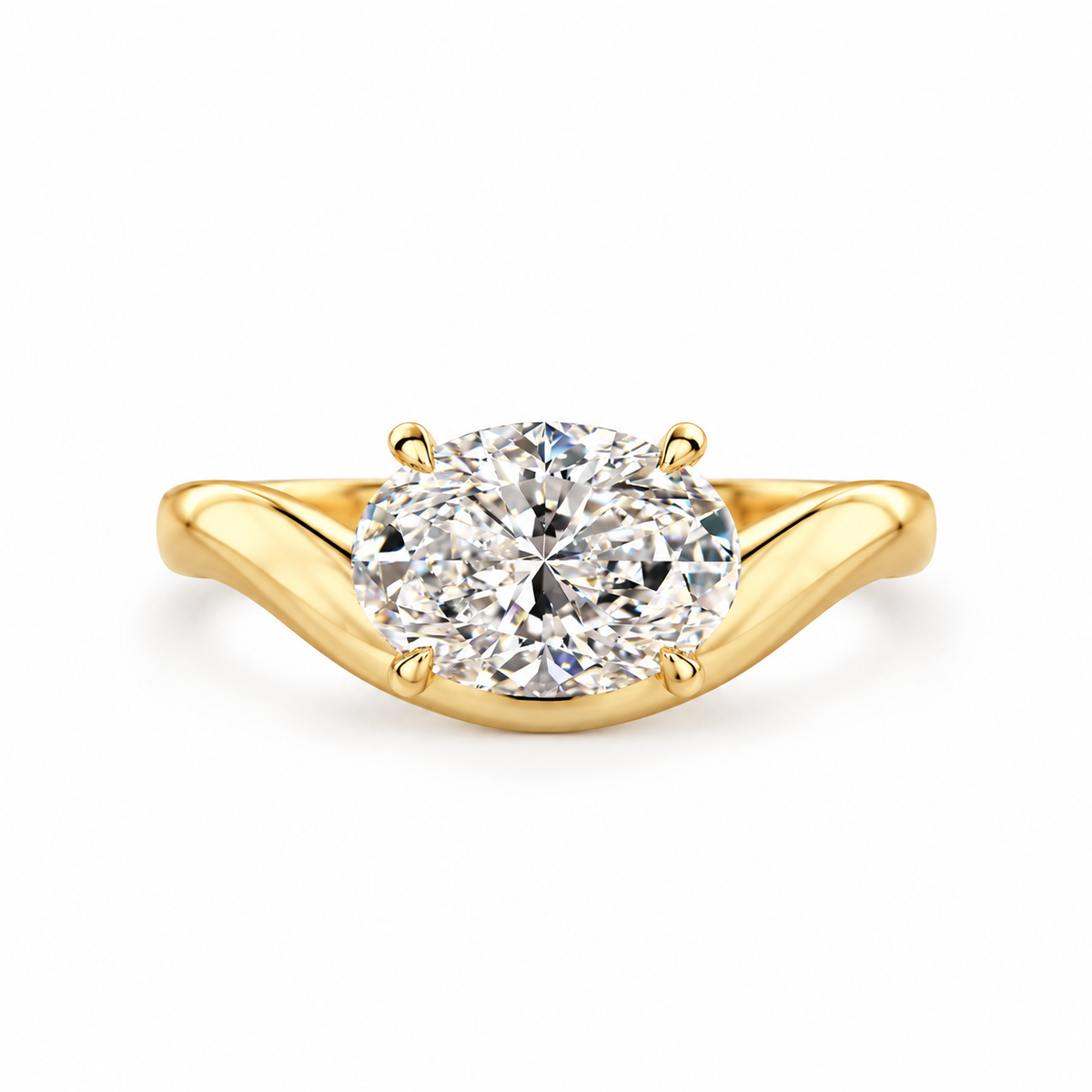 oval lab grown diamond engagement ring in gold, three-quarter view
