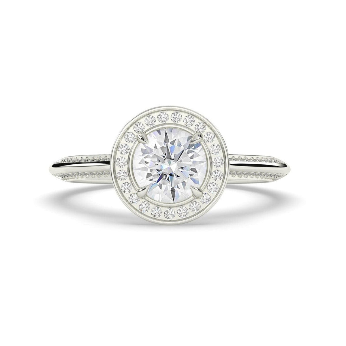 1.50ct Round Halo Engagement Ring Lab-Cut Diamond  Round Cut Solitaire with Bezel Halo & Pavé Band