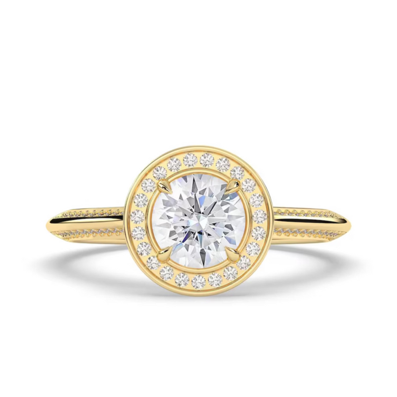 A yellow gold halo ring featuring a round-cut center stone surrounded by a halo of small pavé-set diamonds, with a shank decorated with micro-pavé diamonds, shown on a clean white background.