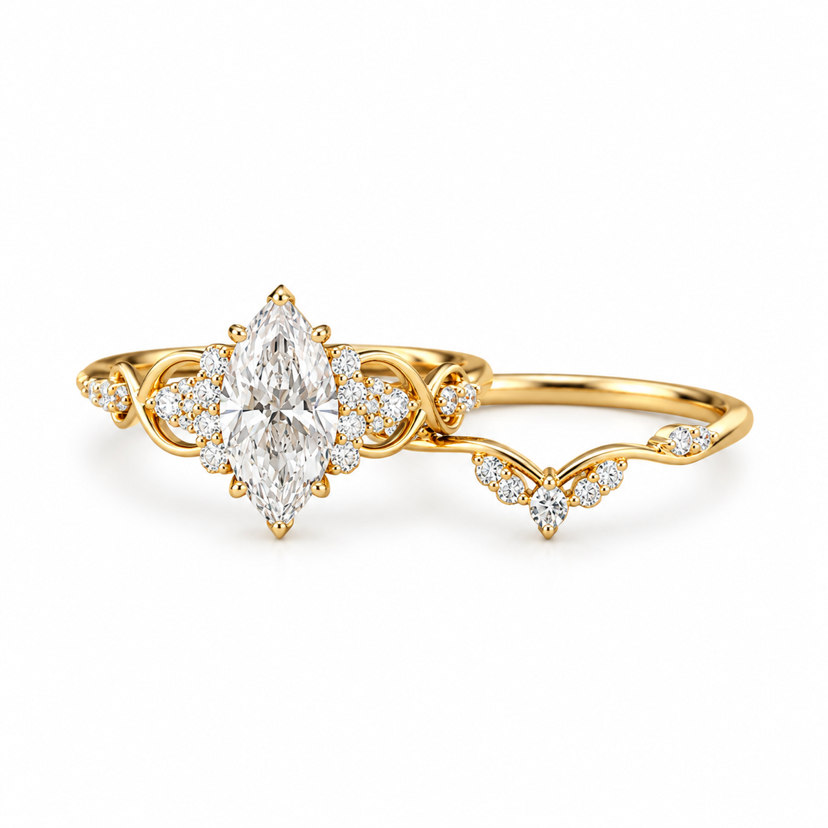 1CT Marquise cut Lab Grown Diamond engagement ring set Unique Yellow gold Twist Dainty Diamond bridal set