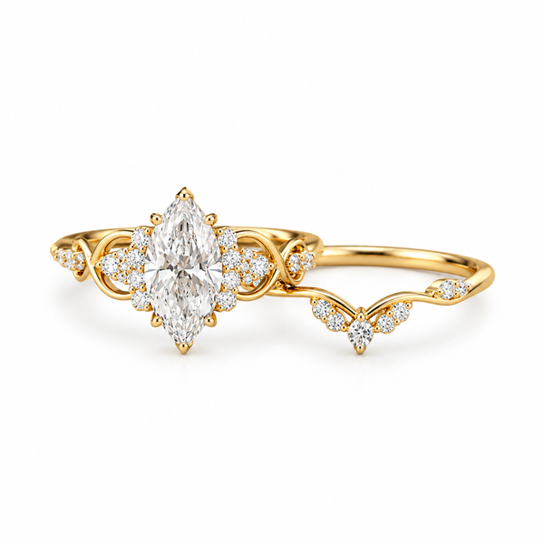 1CT Marquise cut Lab Grown Diamond engagement ring set Unique Yellow gold Twist Dainty Diamond bridal set
