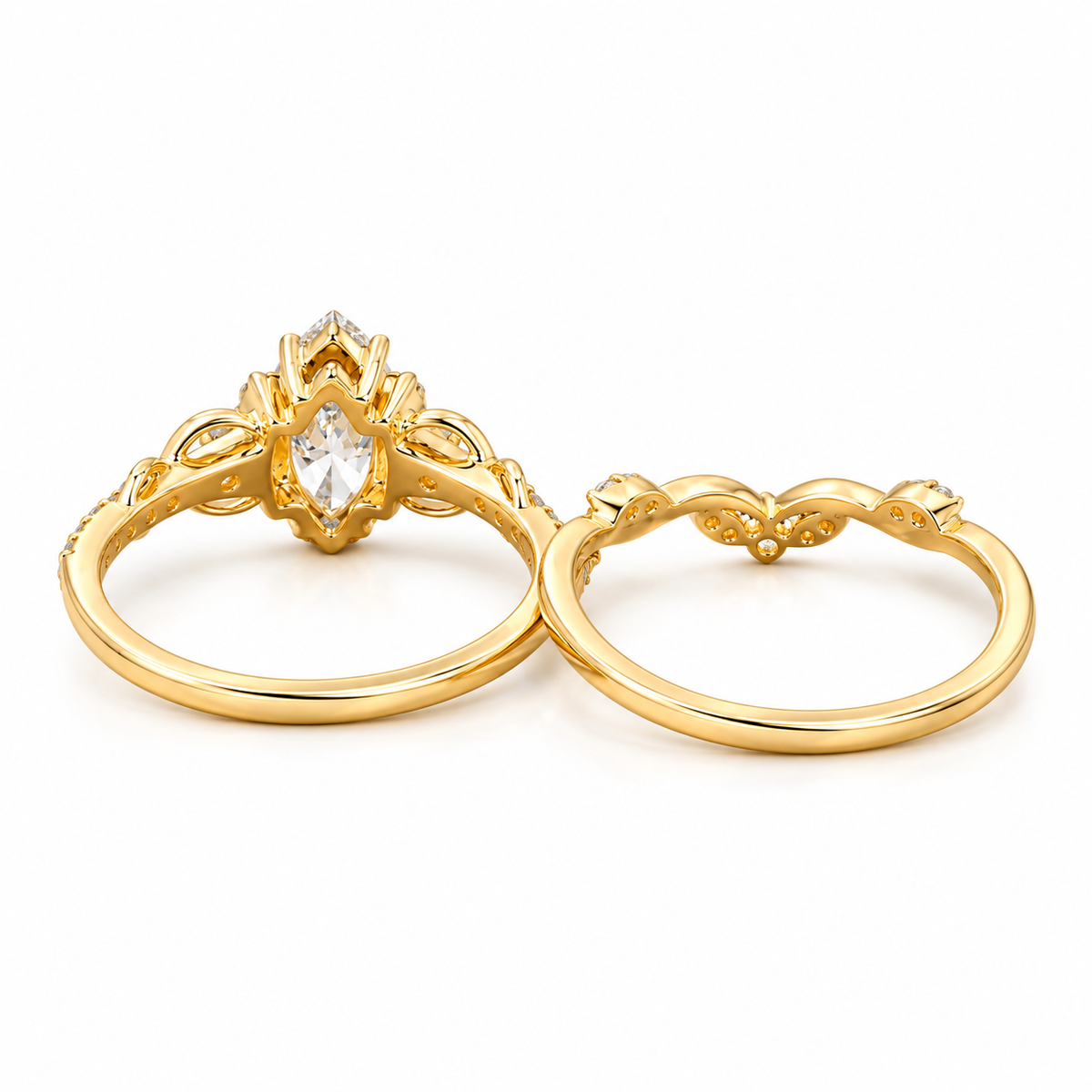 1CT Marquise cut Lab Grown Diamond engagement ring set Unique Yellow gold Twist Dainty Diamond bridal set