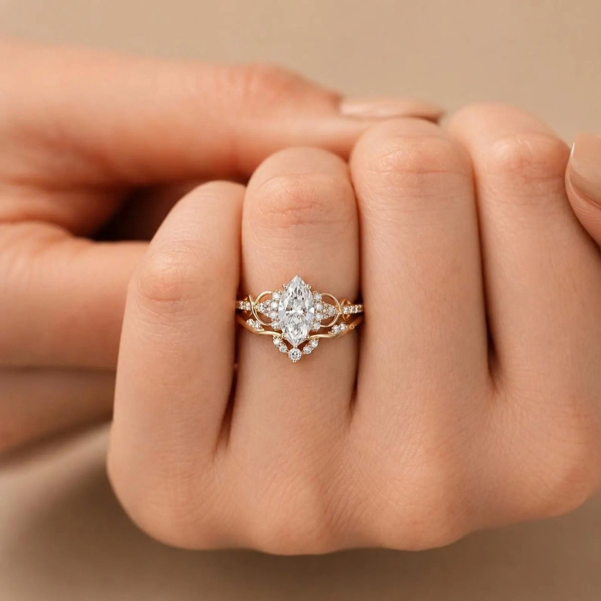 1CT Marquise cut Lab Grown Diamond engagement ring set Unique Yellow gold Twist Dainty Diamond bridal set