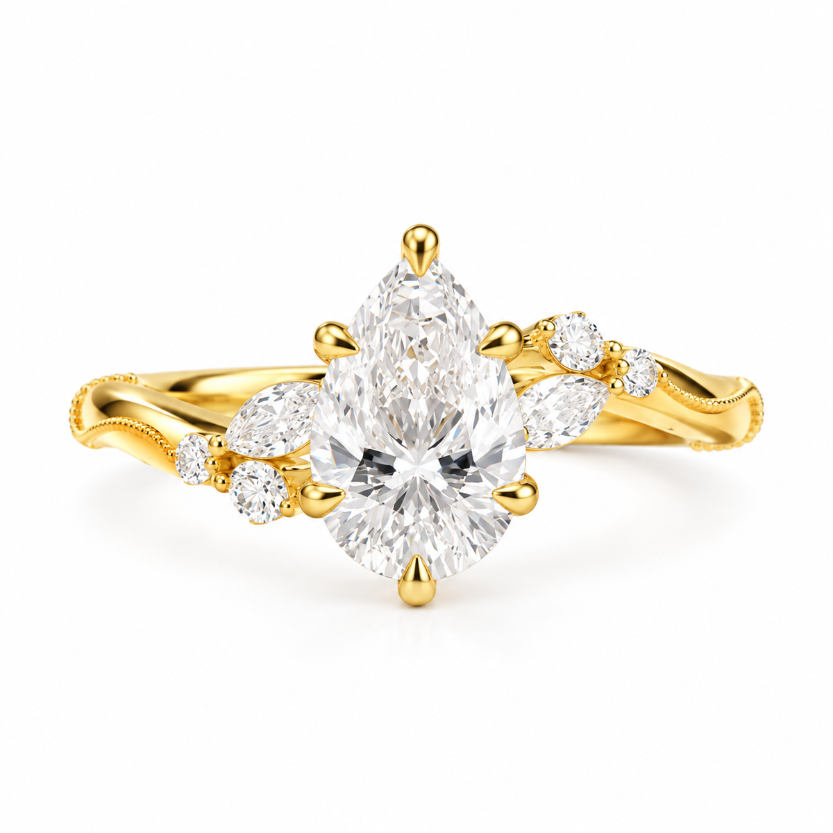 pear lab grown diamond engagement ring in gold, three-quarter view