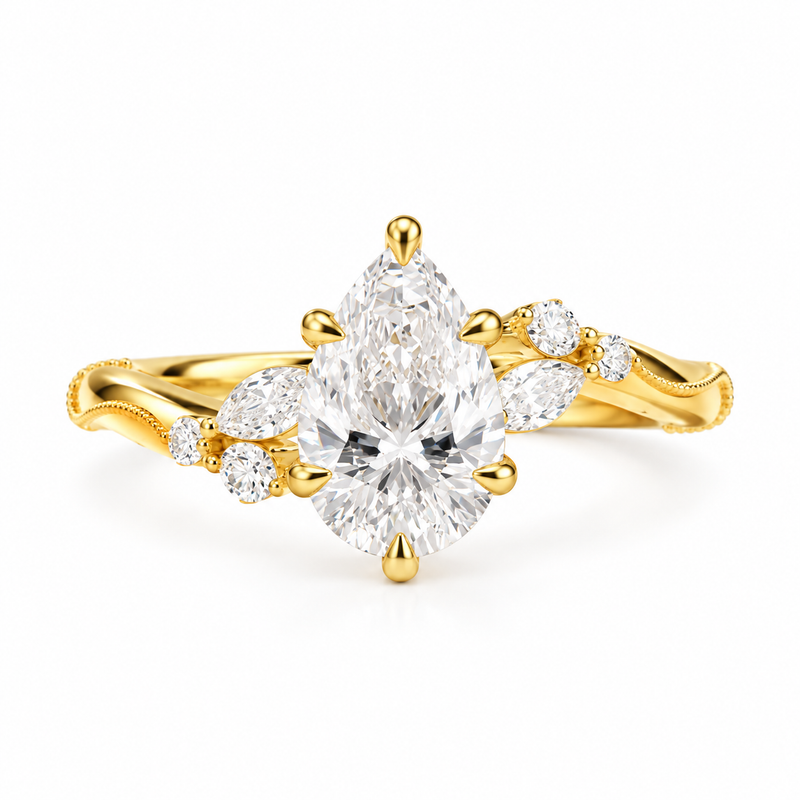 pear lab grown diamond engagement ring in gold, three-quarter view