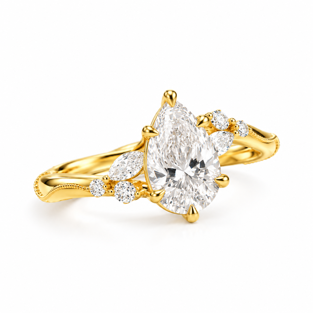 pear lab grown diamond engagement ring in gold, top view