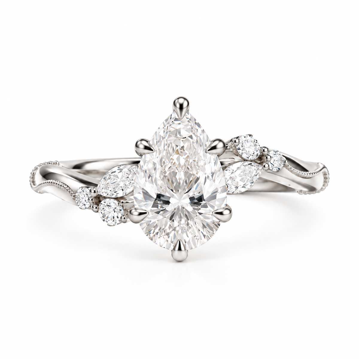 pear lab grown diamond engagement ring in gold, side profile