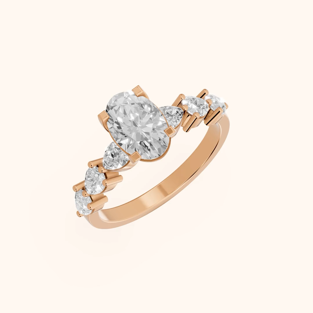 Oval Cut Lab Grown Diamond & Moissanite Three Stone Engagement Ring with Round Side Stones