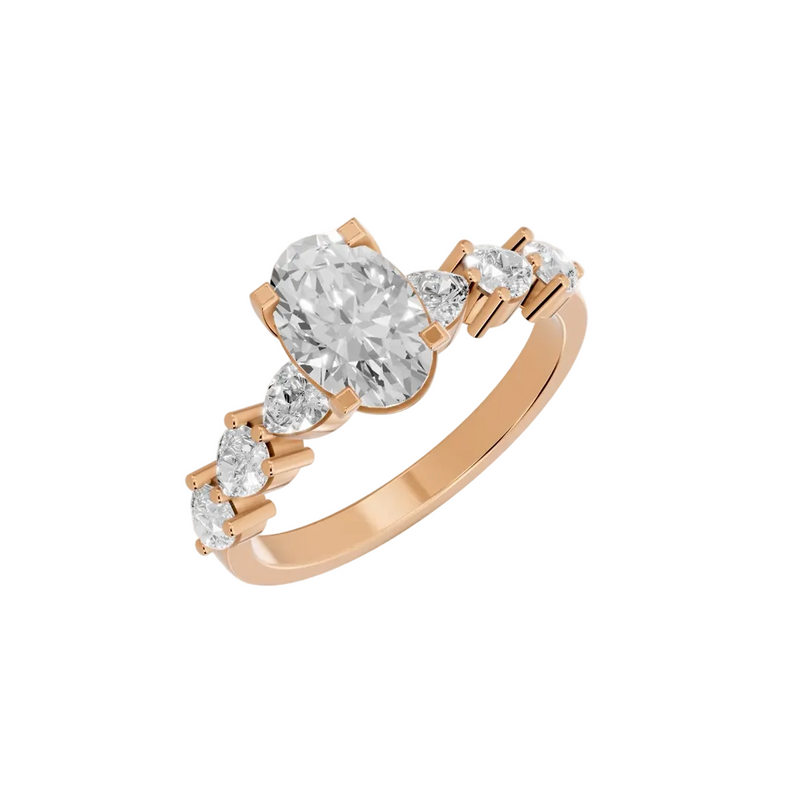 Oval Cut Lab Grown Diamond & Moissanite Three Stone Engagement Ring with Round Side Stones