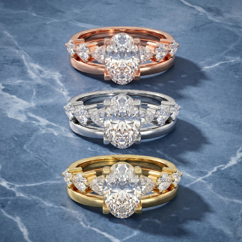 Oval Cut Lab Grown Diamond & Moissanite Three Stone Engagement Ring with Round Side Stones