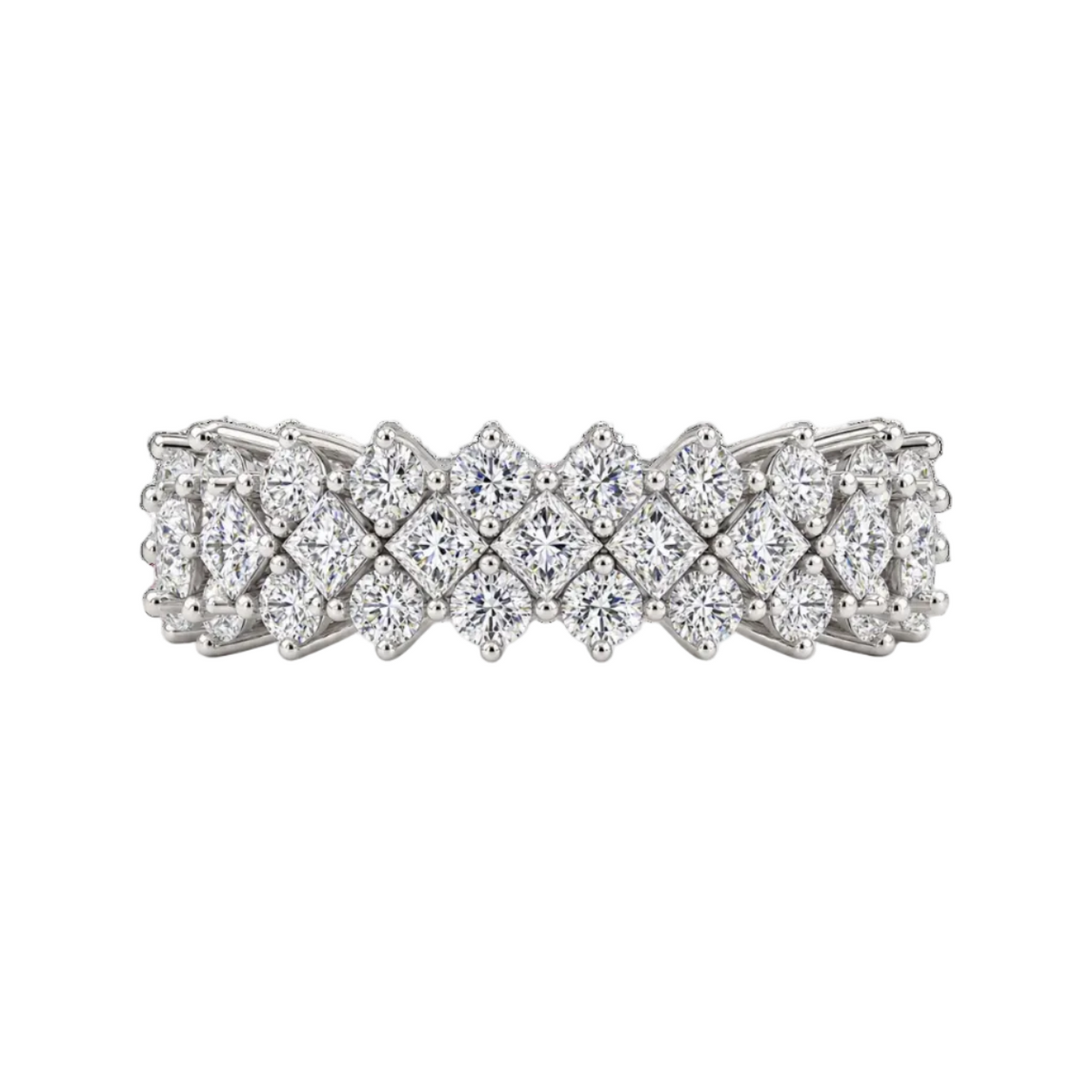princess lab grown diamond eternity ring in silver, three-quarter view
