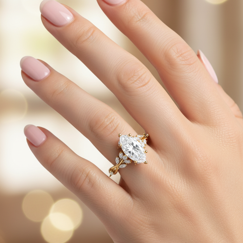 Vintage Inspired Lab Grown & Moissanite Marquise Diamond Engagement Ring