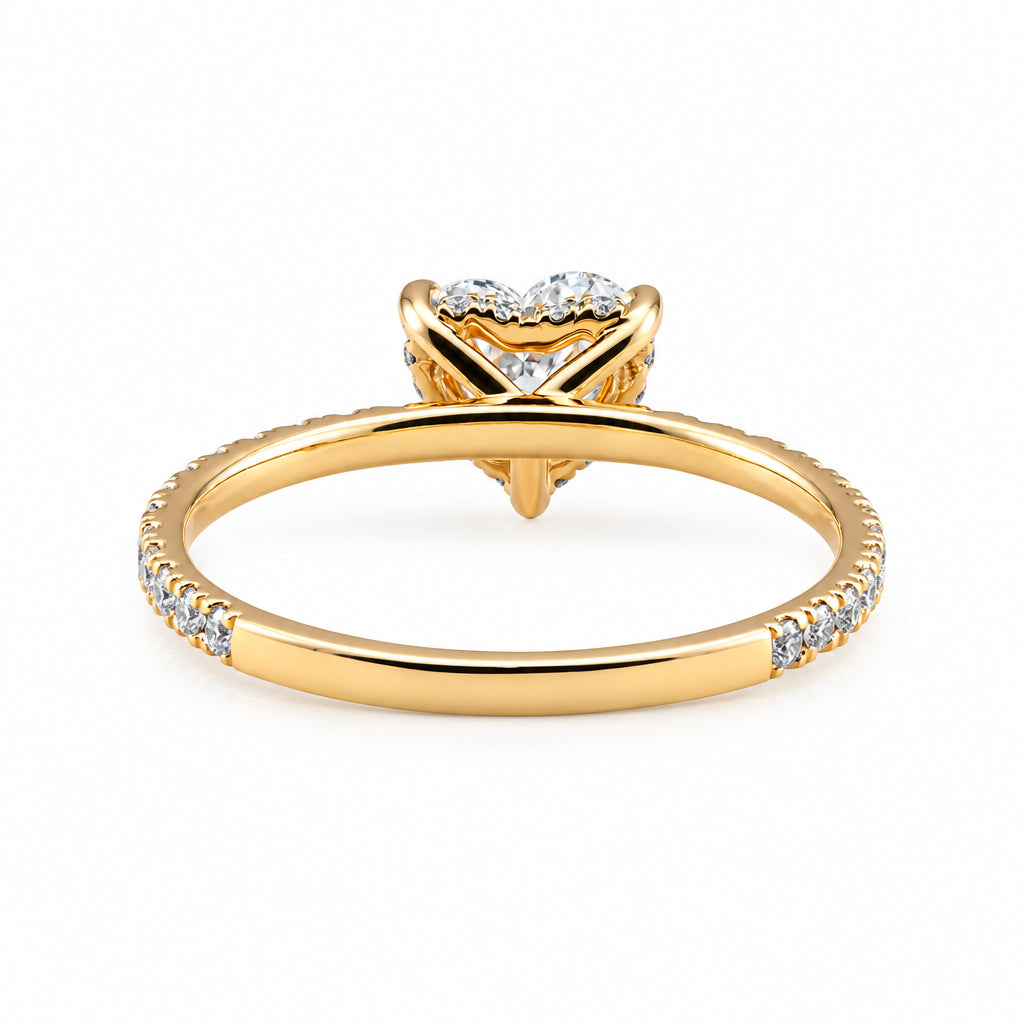 heart lab grown diamond ring in metal, three-quarter view