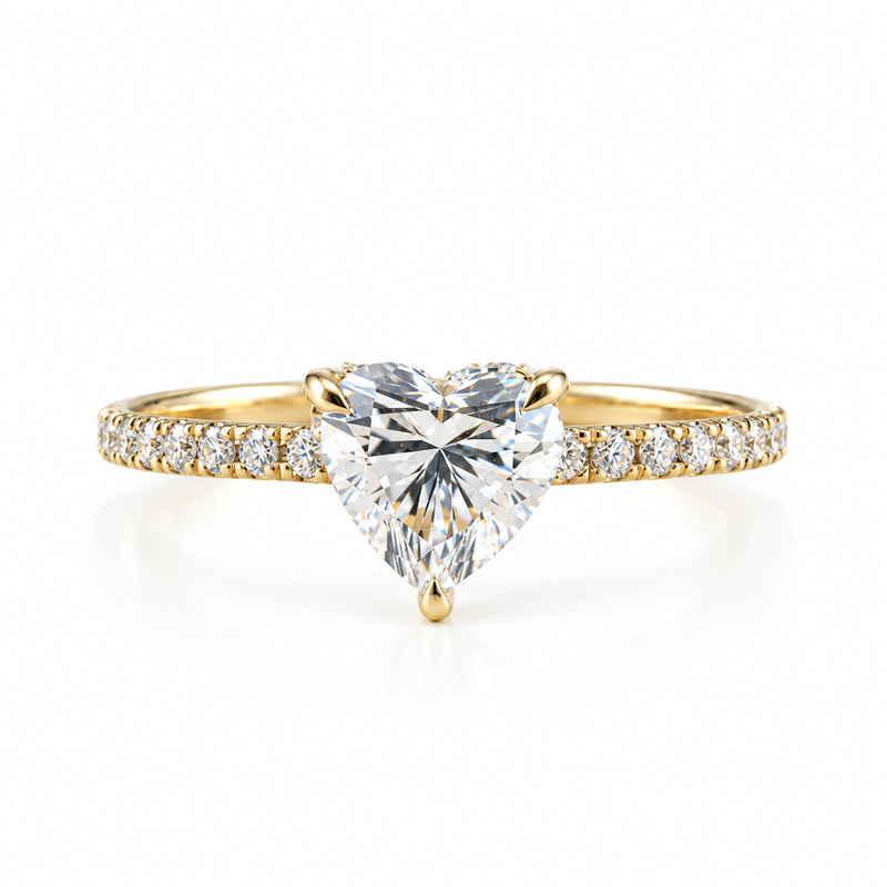 heart lab grown diamond ring in metal, top view