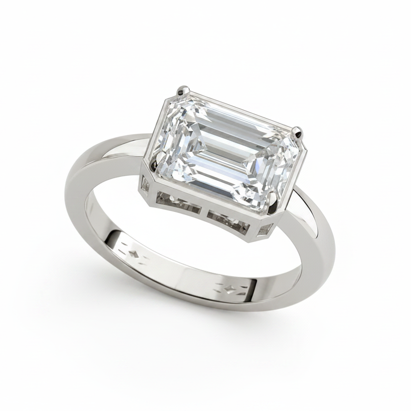 emerald lab grown diamond engagement ring in silver, three-quarter view