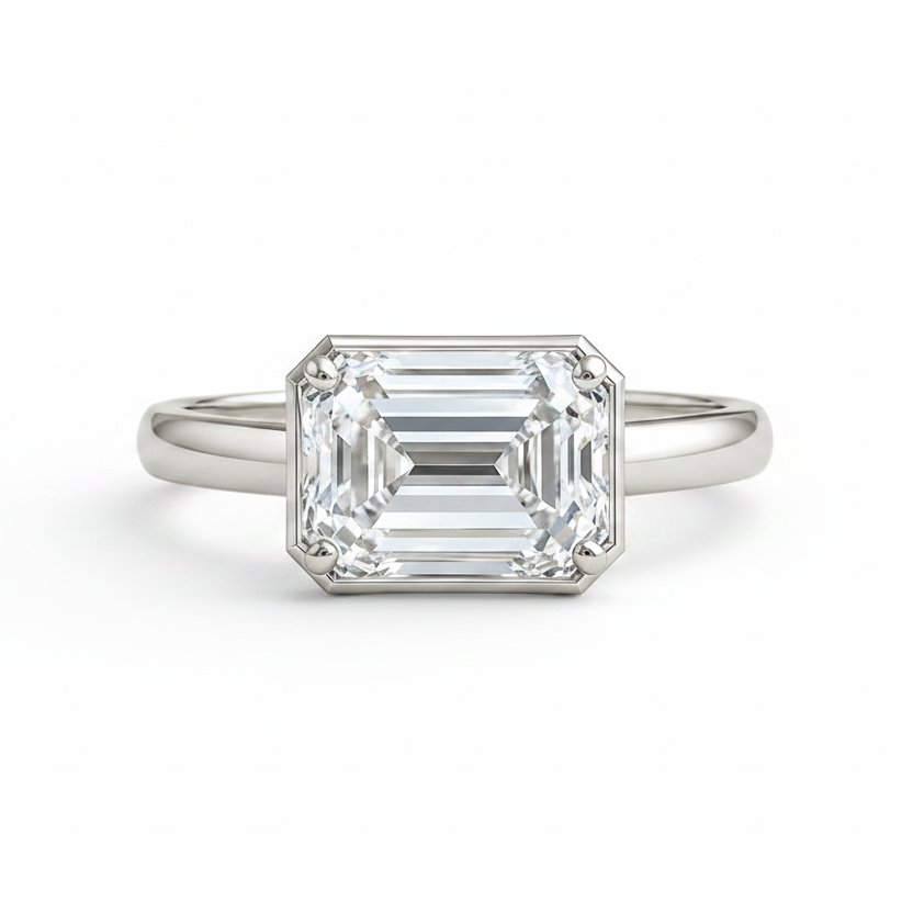 emerald lab grown diamond engagement ring in 18k, detail of the setting