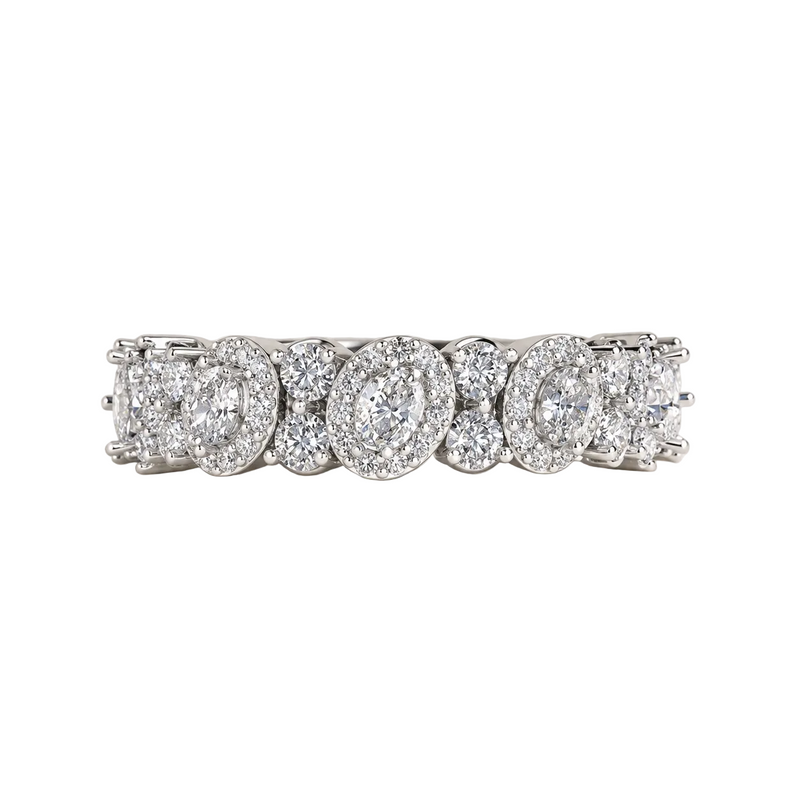 oval lab grown diamond wedding band in silver, three-quarter view
