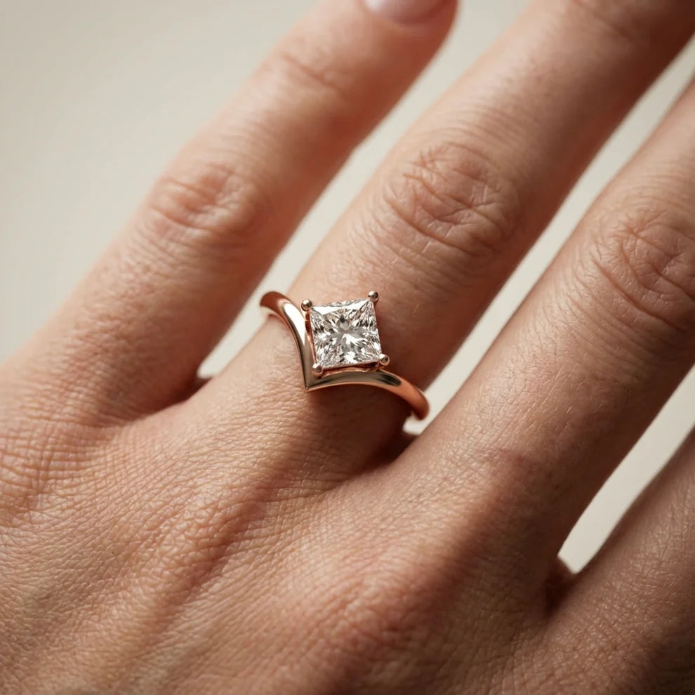 princess lab grown diamond engagement ring in silver, side profile