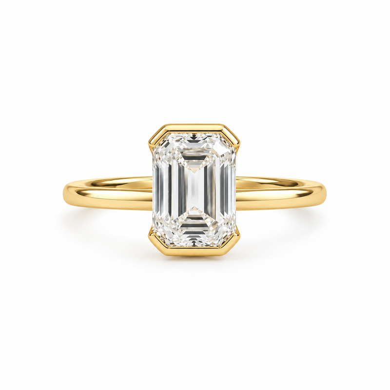 Emerald cut solitaire engagement ring with lab-grown diamond – Modern bezelbar setting