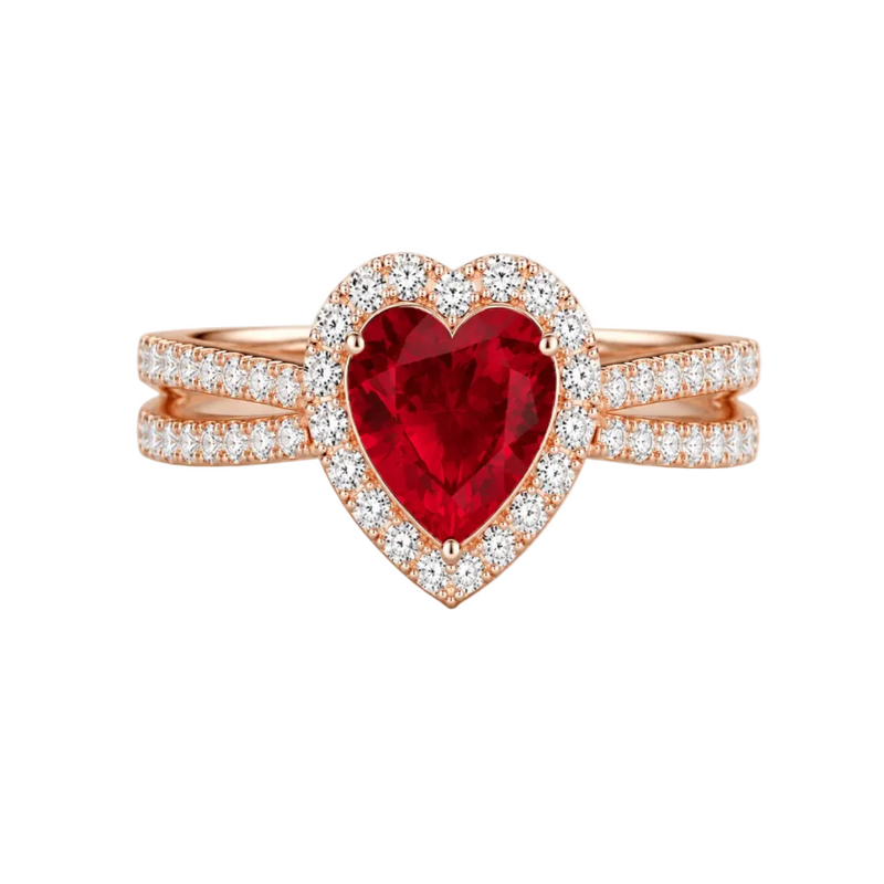 Heart Cut Lab Grown Diamond & Moissanite Halo Engagement Ring with Triple Row Pavé Band