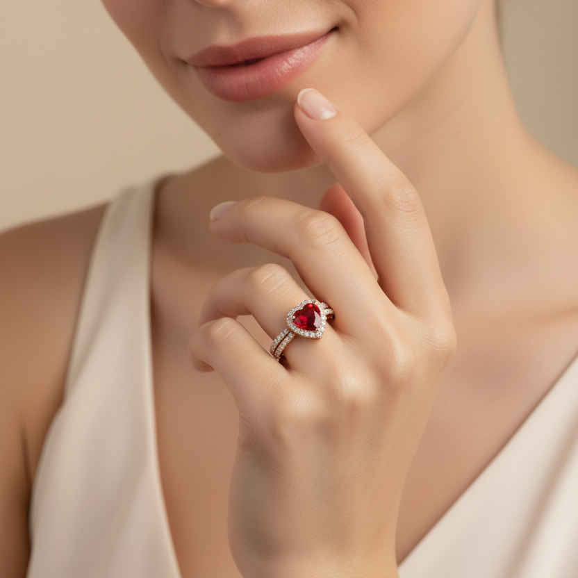 Heart Cut Lab Grown Diamond & Moissanite Halo Engagement Ring with Triple Row Pavé Band