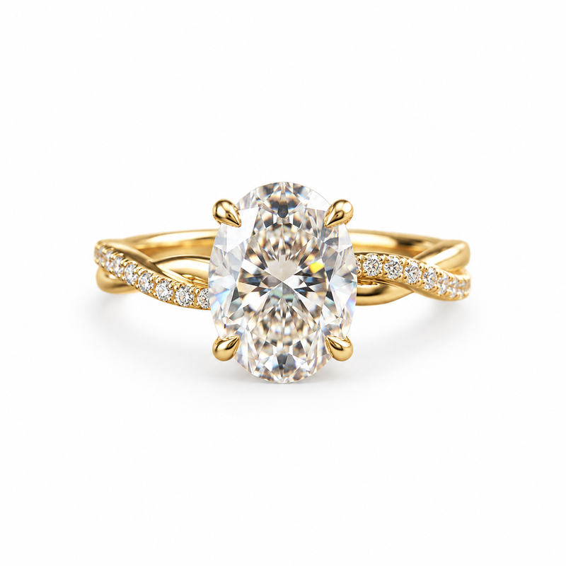 oval lab grown diamond engagement ring in silver, three-quarter view