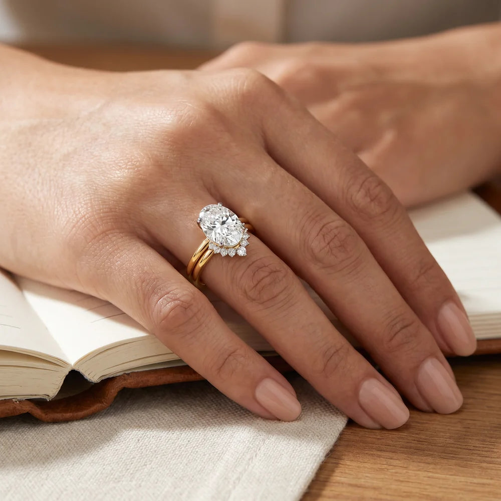 oval lab grown diamond ring set in silver, top view